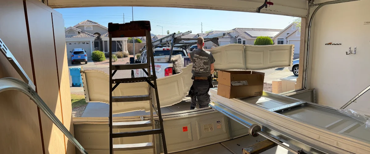 View from inside a garage looking out, showing a worker carrying new garage door panels from a truck. View from inside a garage looking out, showing a worker carrying new garage door panels from a truck.